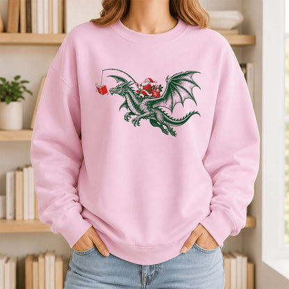 Santa Riding Green Dragon Printed Sweatshirt | Christmas Fantasy Reader Gift Light Pink