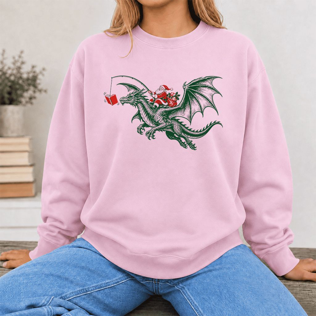 Santa Riding Green Dragon Printed Sweatshirt | Christmas Fantasy Reader Gift Light Pink