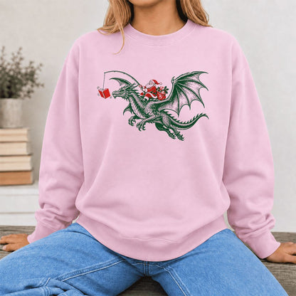 Santa Riding Green Dragon Printed Sweatshirt | Christmas Fantasy Reader Gift Light Pink