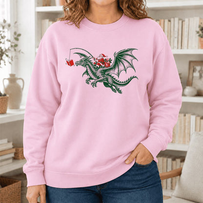 Santa Riding Green Dragon Printed Sweatshirt | Christmas Fantasy Reader Gift Light Pink
