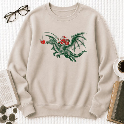 Santa Riding Green Dragon Printed Sweatshirt | Christmas Fantasy Reader Gift Sand