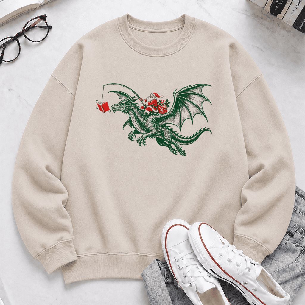 Santa Riding Green Dragon Printed Sweatshirt | Christmas Fantasy Reader Gift Sand