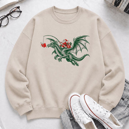 Santa Riding Green Dragon Printed Sweatshirt | Christmas Fantasy Reader Gift Sand