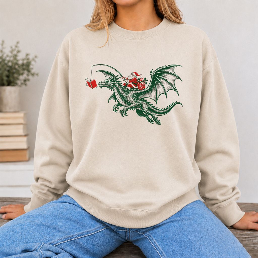 Santa Riding Green Dragon Printed Sweatshirt | Christmas Fantasy Reader Gift Sand