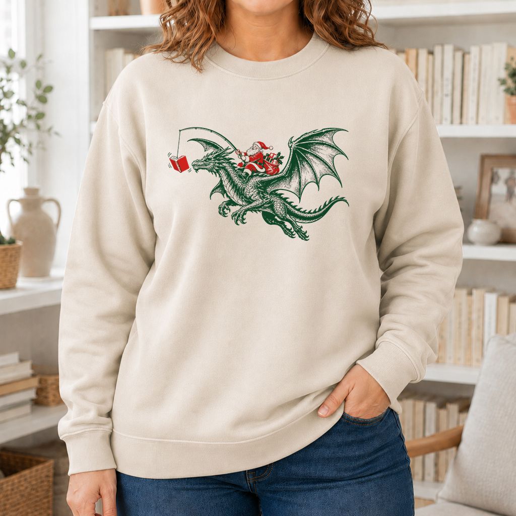 Santa Riding Green Dragon Printed Sweatshirt | Christmas Fantasy Reader Gift Sand