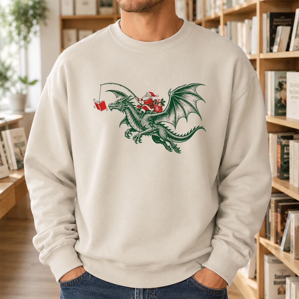 Santa Riding Green Dragon Printed Sweatshirt | Christmas Fantasy Reader Gift Sand