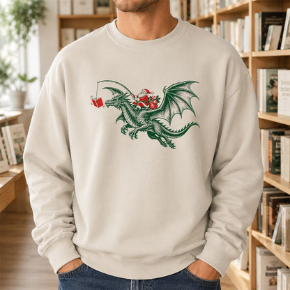 Santa Riding Green Dragon Printed Sweatshirt | Christmas Fantasy Reader Gift Sand