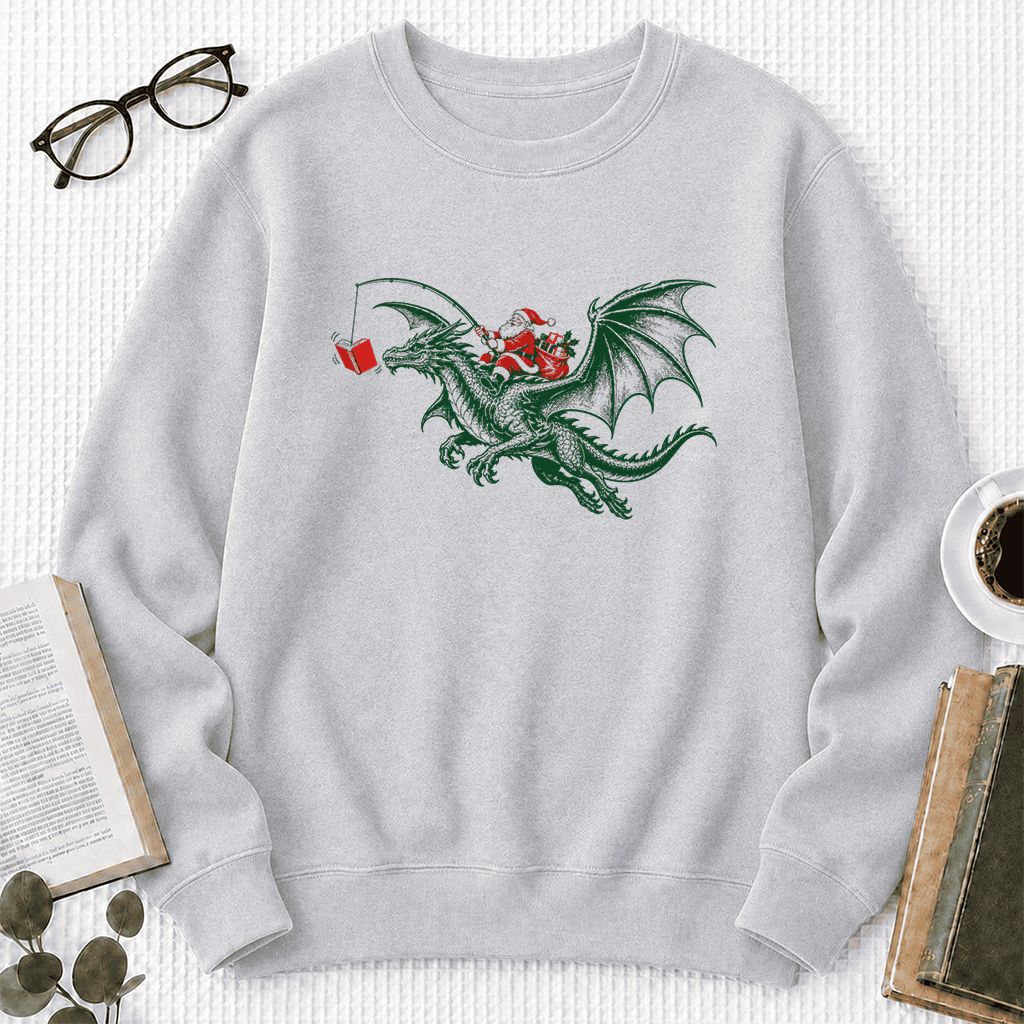 Santa Riding Green Dragon Printed Sweatshirt | Christmas Fantasy Reader Gift Sport Grey