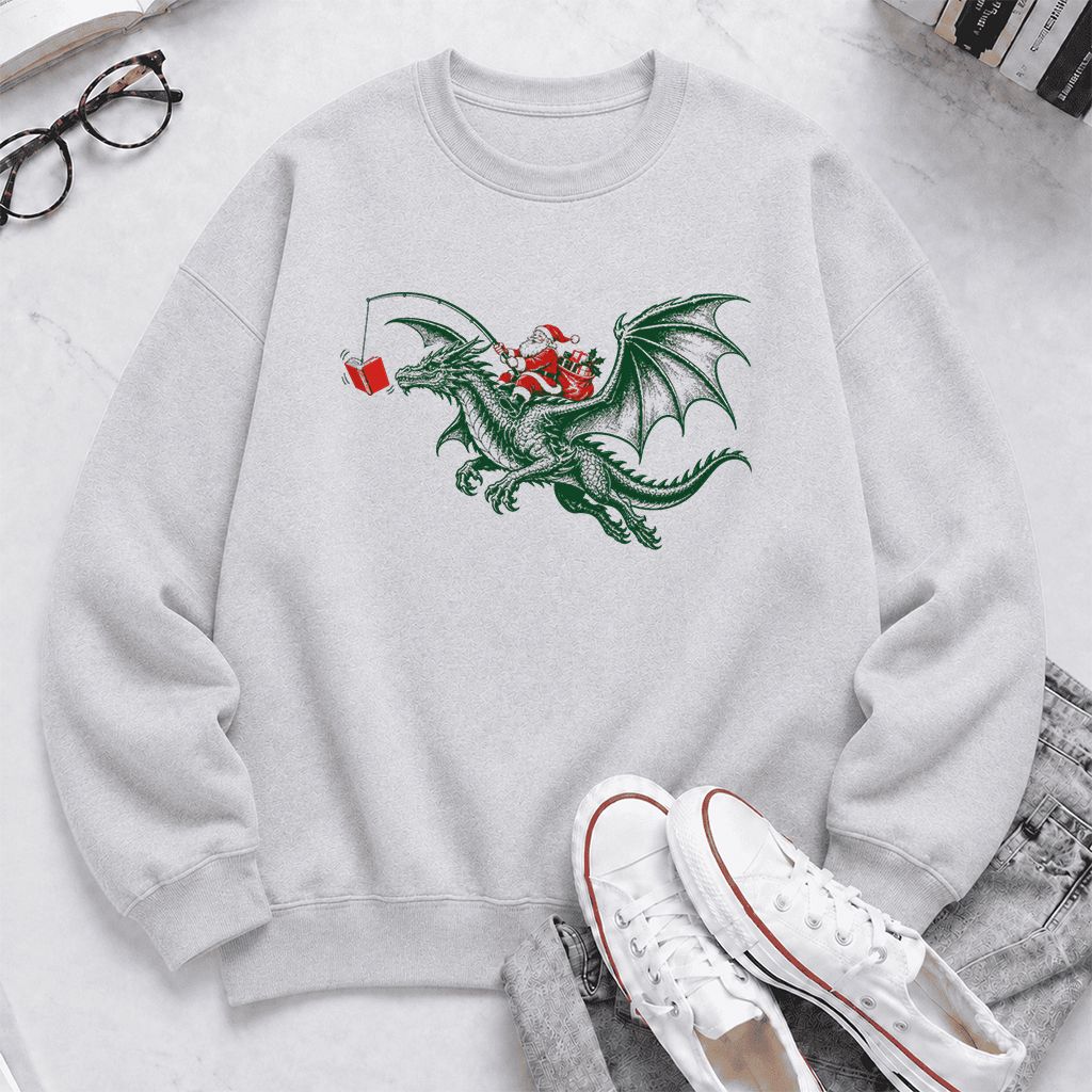 Santa Riding Green Dragon Printed Sweatshirt | Christmas Fantasy Reader Gift Sport Grey