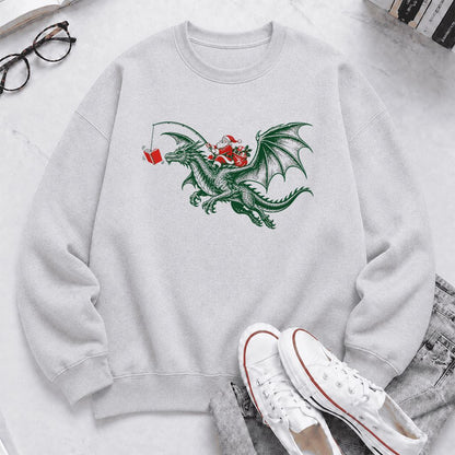 Santa Riding Green Dragon Printed Sweatshirt | Christmas Fantasy Reader Gift Sport Grey