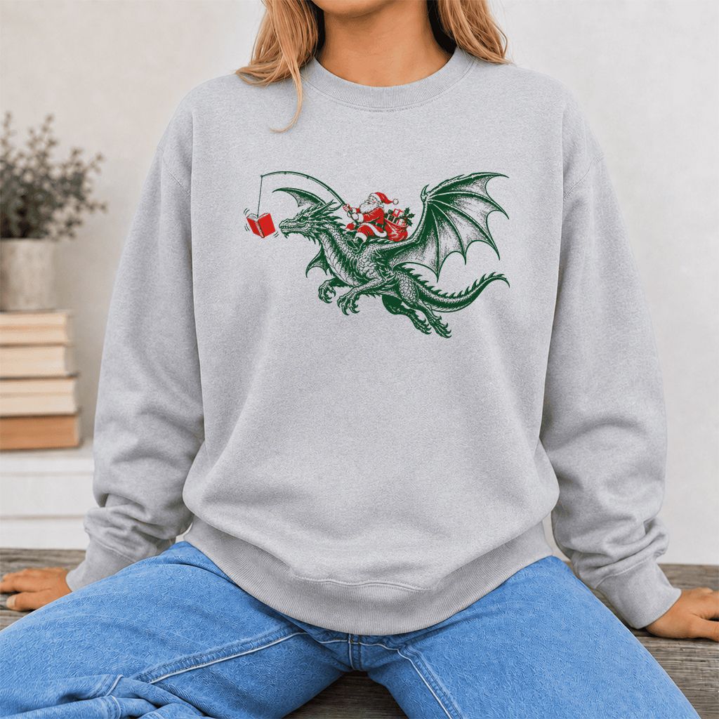 Santa Riding Green Dragon Printed Sweatshirt | Christmas Fantasy Reader Gift Sport Grey