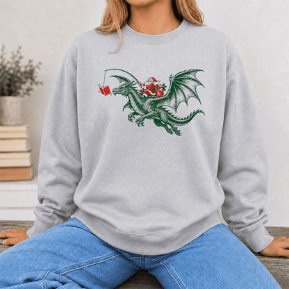 Santa Riding Green Dragon Printed Sweatshirt | Christmas Fantasy Reader Gift Sport Grey