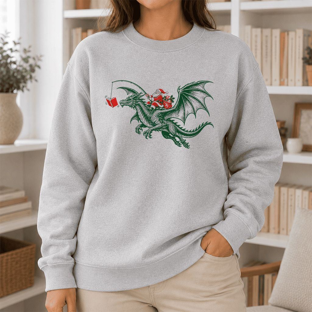 Santa Riding Green Dragon Printed Sweatshirt | Christmas Fantasy Reader Gift Sport Grey