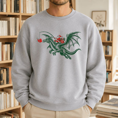 Santa Riding Green Dragon Printed Sweatshirt | Christmas Fantasy Reader Gift Sport Grey