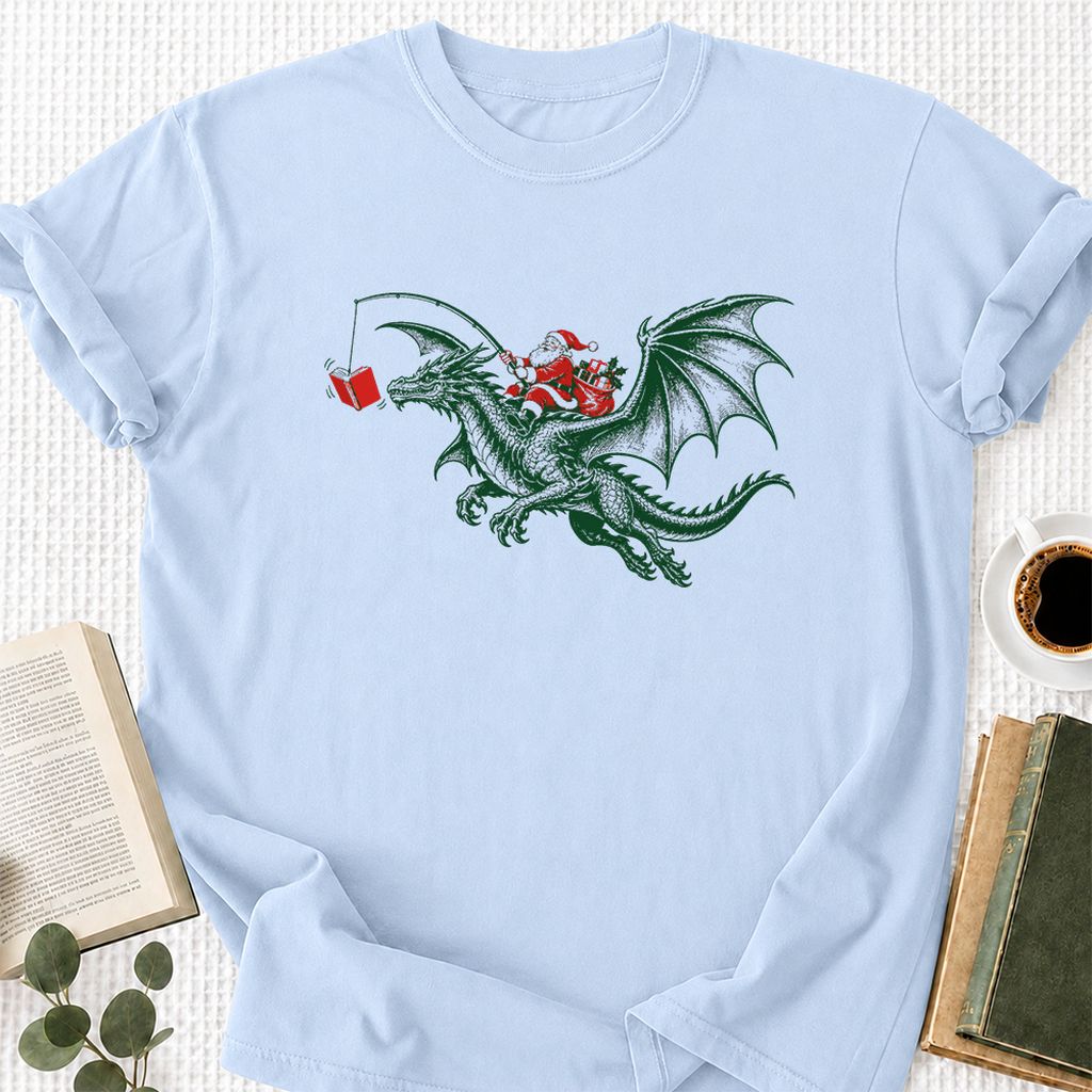 Santa Riding Green Dragon Printed T-Shirt | Christmas Fantasy Reader Gift Light Blue