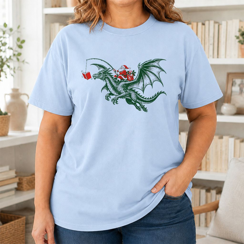 Santa Riding Green Dragon Printed T-Shirt | Christmas Fantasy Reader Gift Light Blue