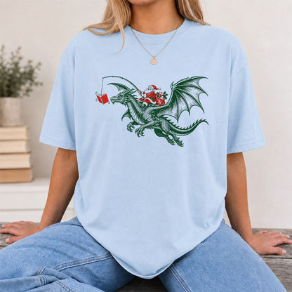 Santa Riding Green Dragon Printed T-Shirt | Christmas Fantasy Reader Gift Light Blue