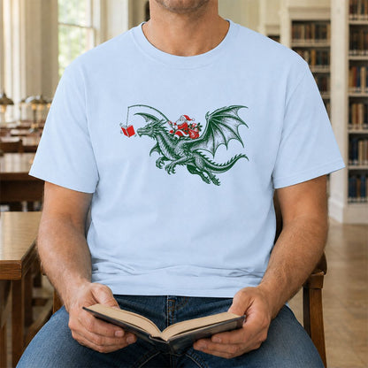 Santa Riding Green Dragon Printed T-Shirt | Christmas Fantasy Reader Gift Light Blue