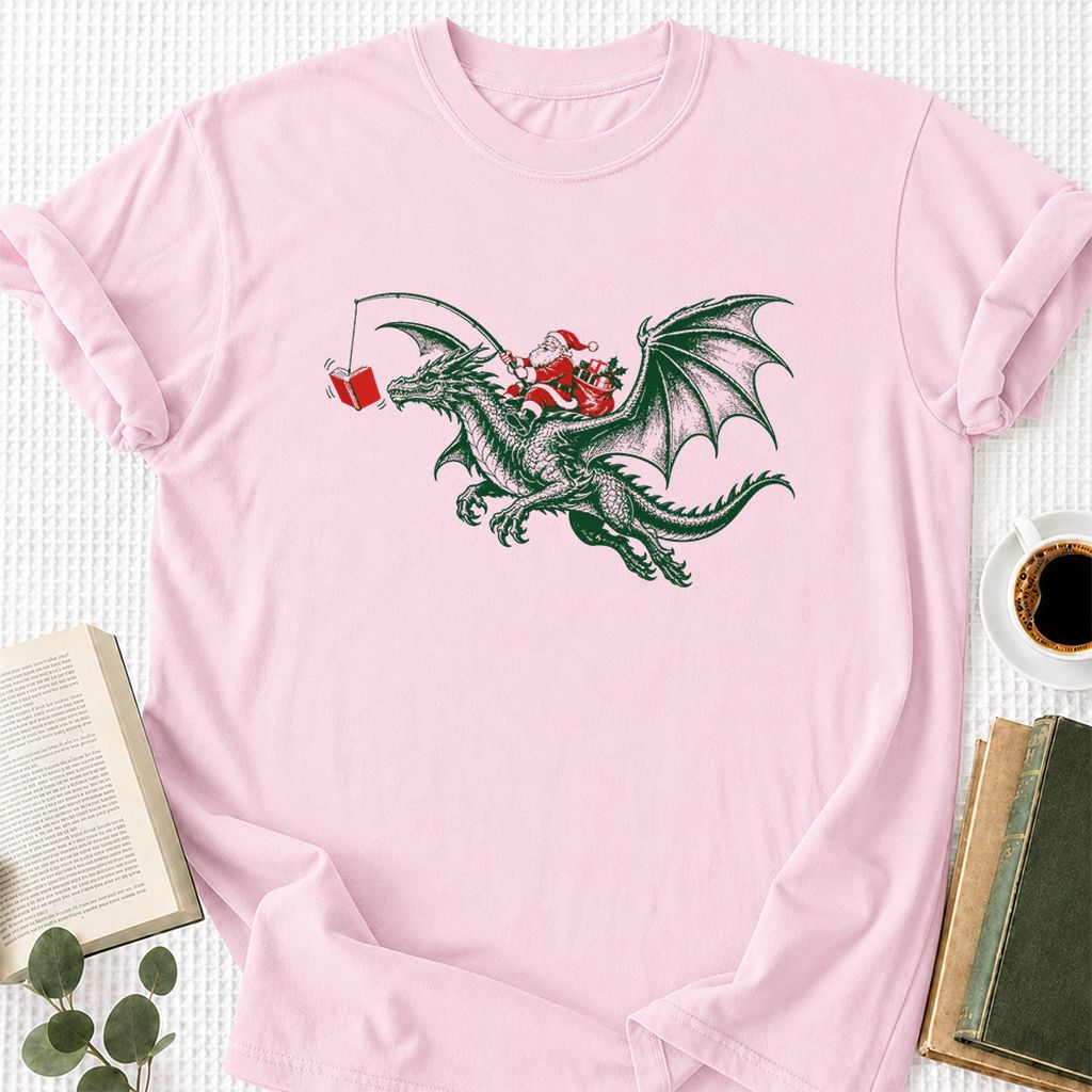 Santa Riding Green Dragon Printed T-Shirt | Christmas Fantasy Reader Gift Light Pink