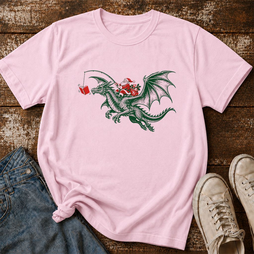 Santa Riding Green Dragon Printed T-Shirt | Christmas Fantasy Reader Gift Light Pink