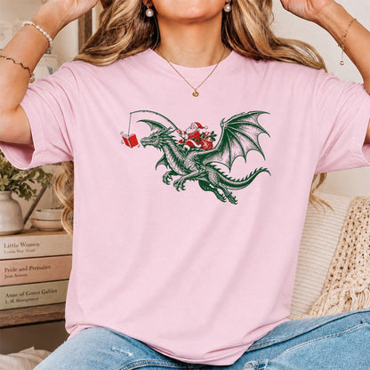 Santa Riding Green Dragon Printed T-Shirt | Christmas Fantasy Reader Gift Light Pink