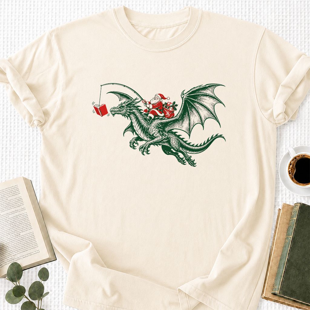 Santa Riding Green Dragon Printed T-Shirt | Christmas Fantasy Reader Gift Natural