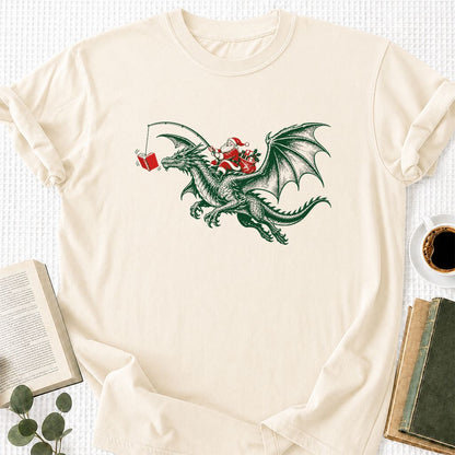 Santa Riding Green Dragon Printed T-Shirt | Christmas Fantasy Reader Gift Natural