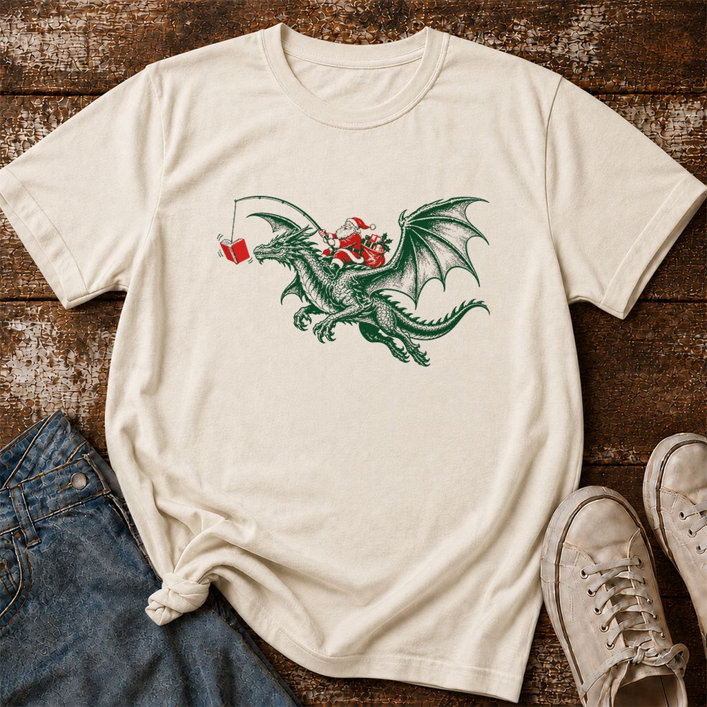 Santa Riding Green Dragon Printed T-Shirt | Christmas Fantasy Reader Gift Natural