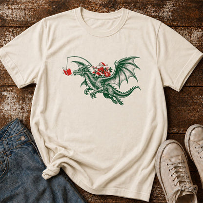 Santa Riding Green Dragon Printed T-Shirt | Christmas Fantasy Reader Gift Natural