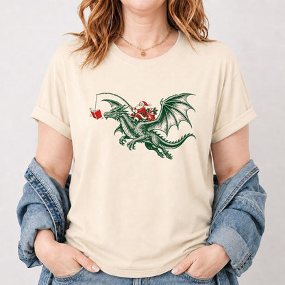 Santa Riding Green Dragon Printed T-Shirt | Christmas Fantasy Reader Gift Natural