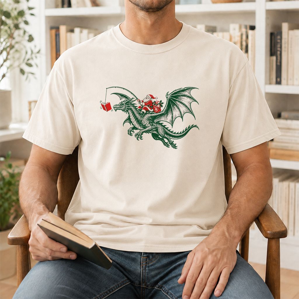 Santa Riding Green Dragon Printed T-Shirt | Christmas Fantasy Reader Gift Natural