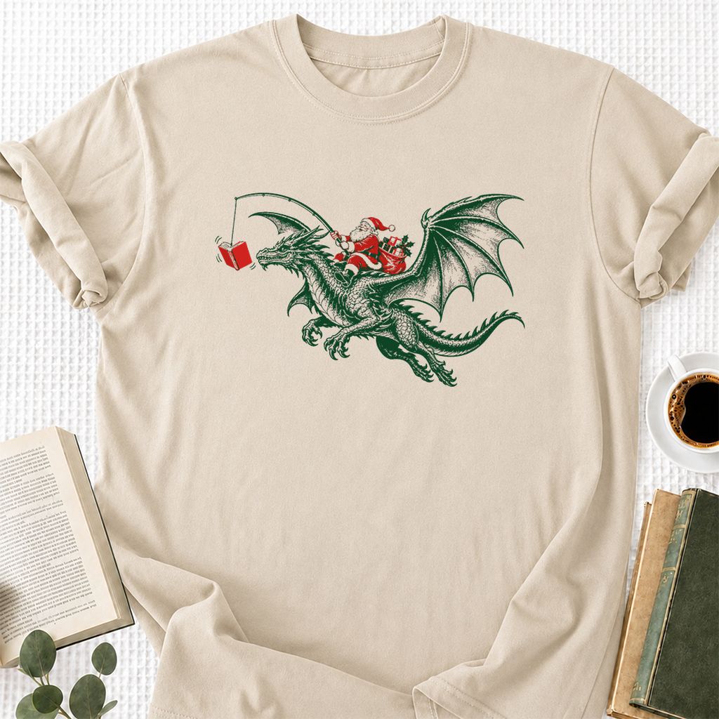 Santa Riding Green Dragon Printed T-Shirt | Christmas Fantasy Reader Gift Sand