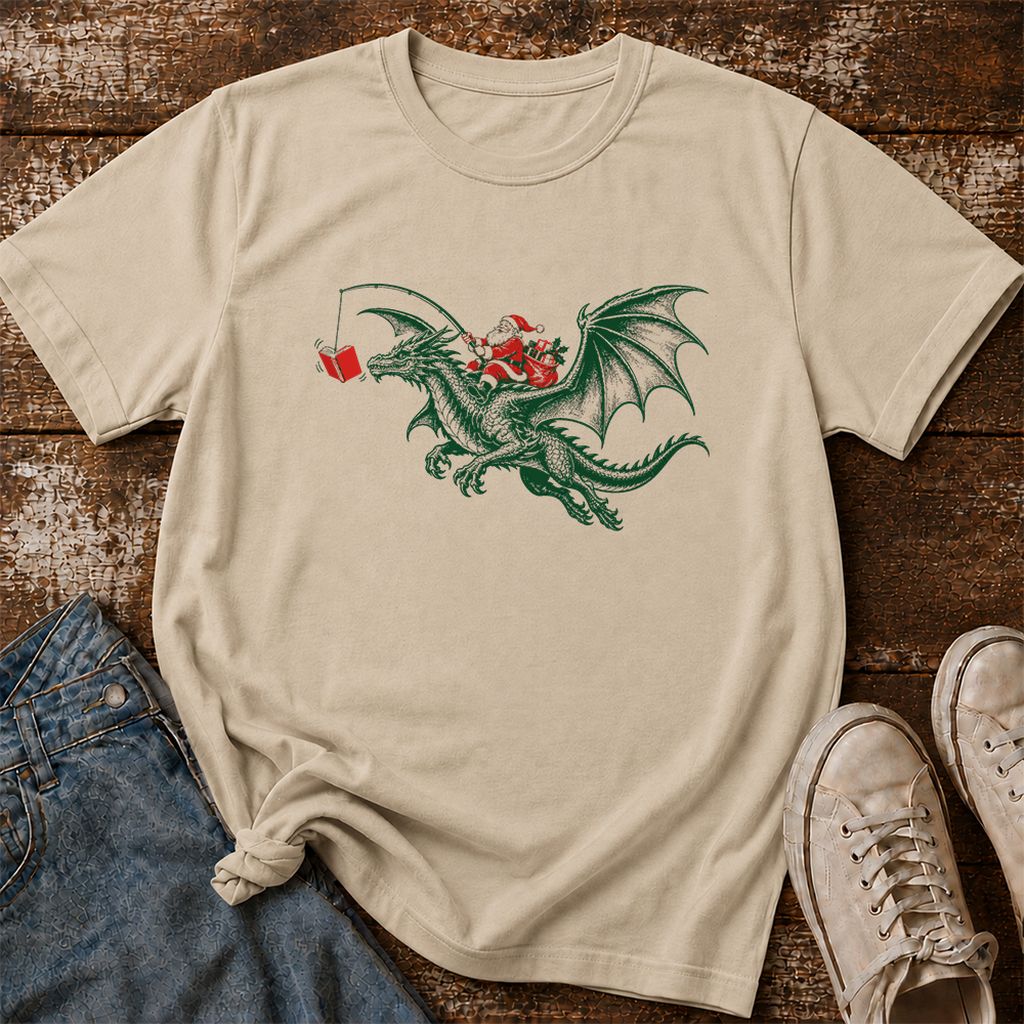 Santa Riding Green Dragon Printed T-Shirt | Christmas Fantasy Reader Gift Sand