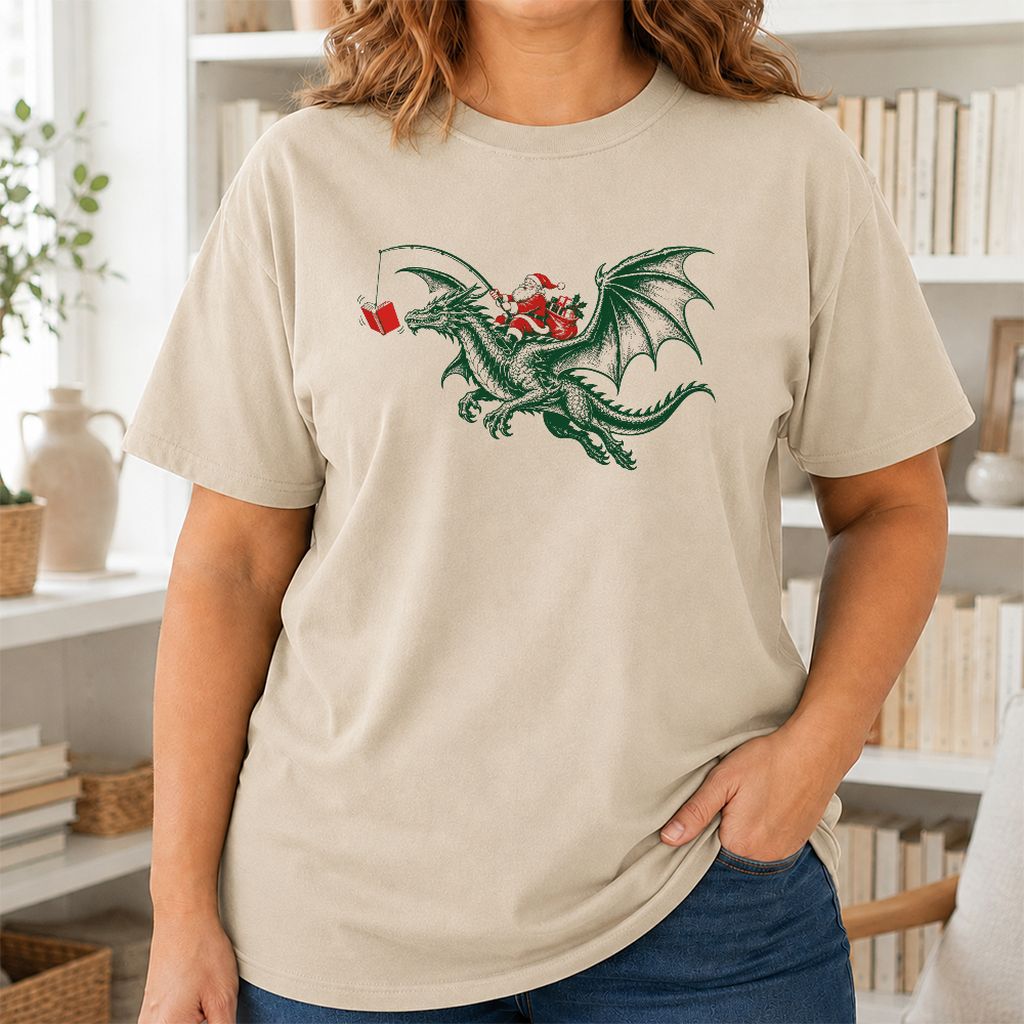 Santa Riding Green Dragon Printed T-Shirt | Christmas Fantasy Reader Gift Sand