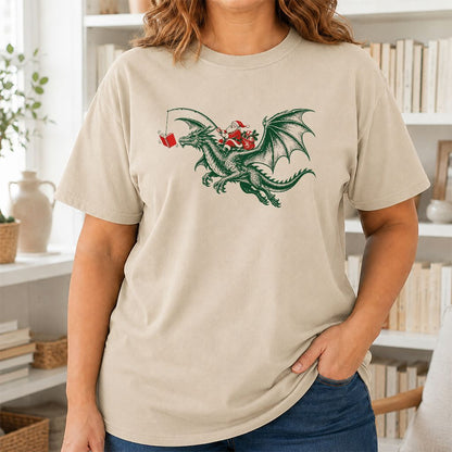 Santa Riding Green Dragon Printed T-Shirt | Christmas Fantasy Reader Gift Sand