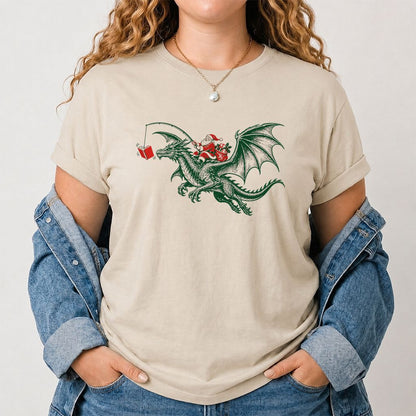 Santa Riding Green Dragon Printed T-Shirt | Christmas Fantasy Reader Gift Sand