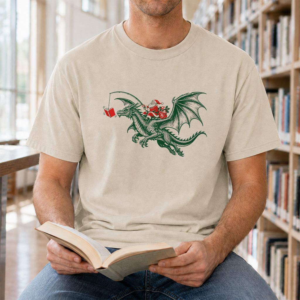Santa Riding Green Dragon Printed T-Shirt | Christmas Fantasy Reader Gift Sand