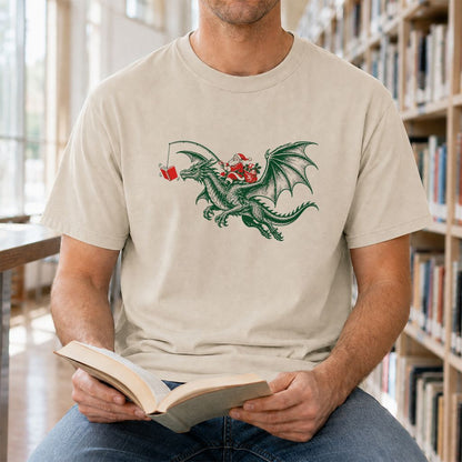 Santa Riding Green Dragon Printed T-Shirt | Christmas Fantasy Reader Gift Sand