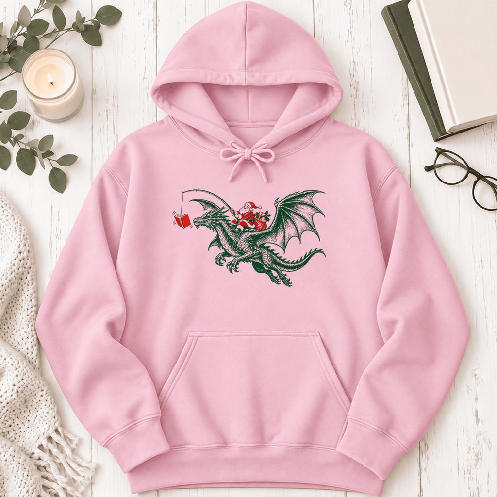 Santa Riding Green Dragon Softstyle Hoodie | Christmas Fantasy Reader Gift Light Pink