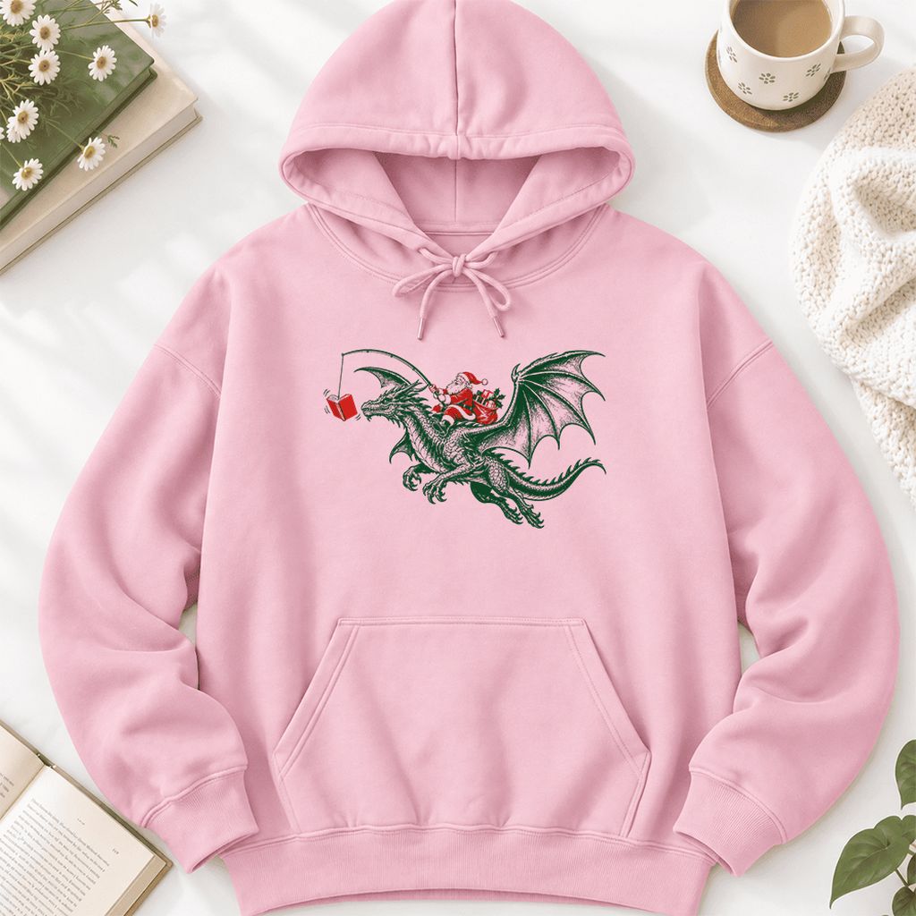 Santa Riding Green Dragon Softstyle Hoodie | Christmas Fantasy Reader Gift Light Pink