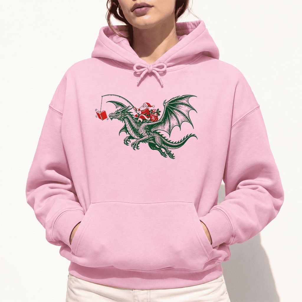 Santa Riding Green Dragon Softstyle Hoodie | Christmas Fantasy Reader Gift Light Pink