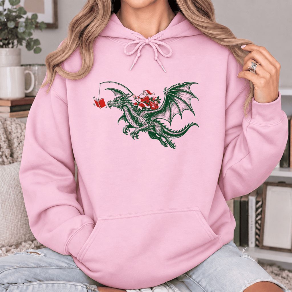 Santa Riding Green Dragon Softstyle Hoodie | Christmas Fantasy Reader Gift Light Pink