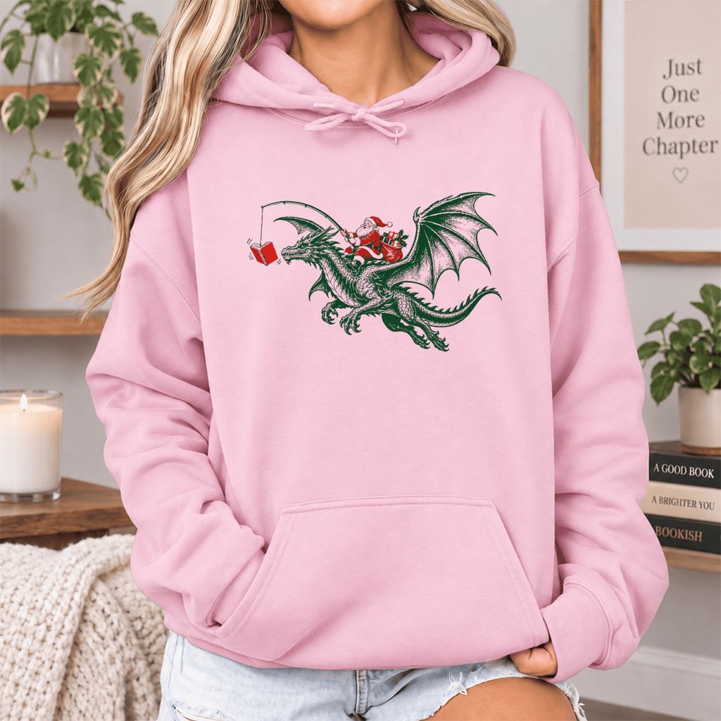 Santa Riding Green Dragon Softstyle Hoodie | Christmas Fantasy Reader Gift Light Pink