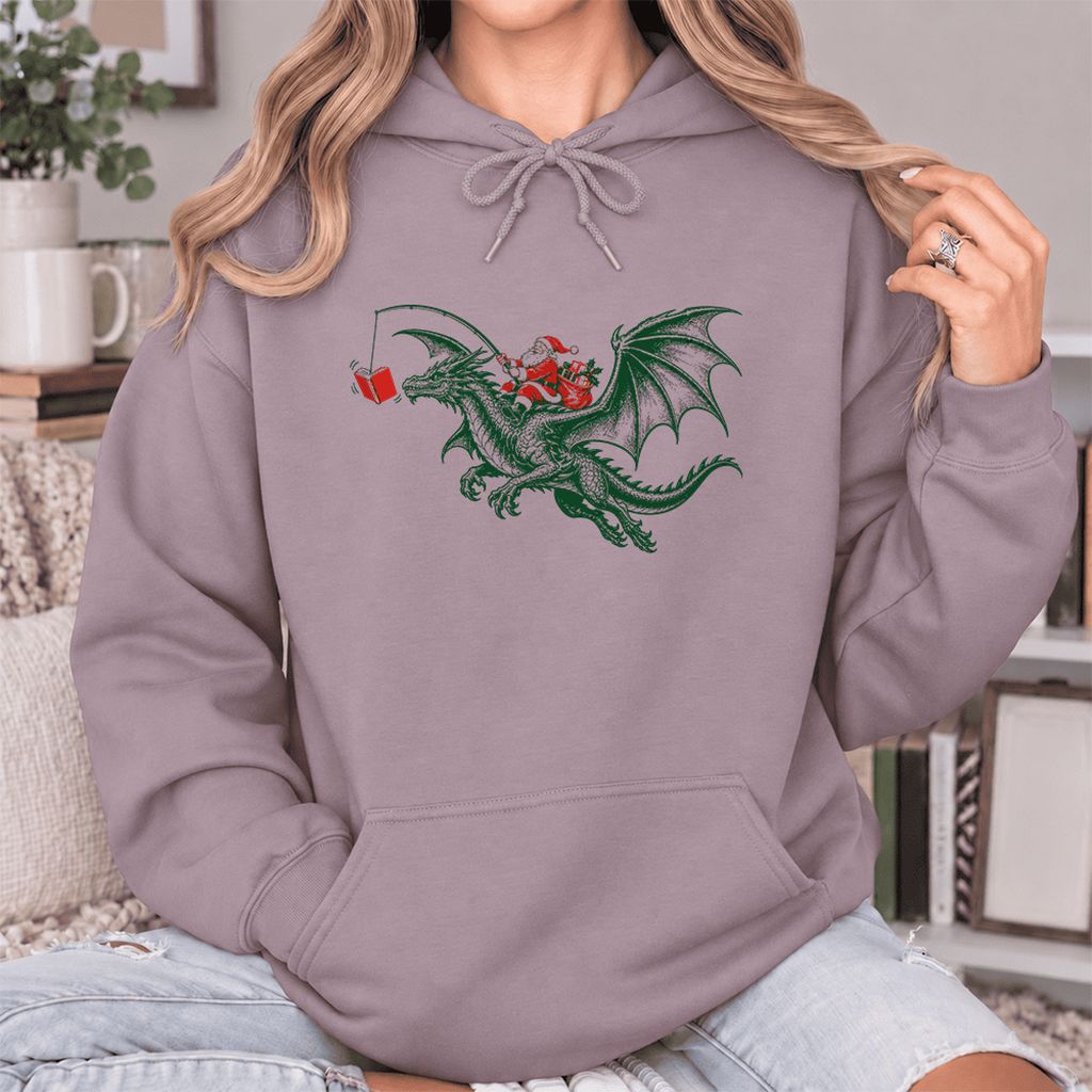 Santa Riding Green Dragon Softstyle Hoodie | Christmas Fantasy Reader Gift Paragon