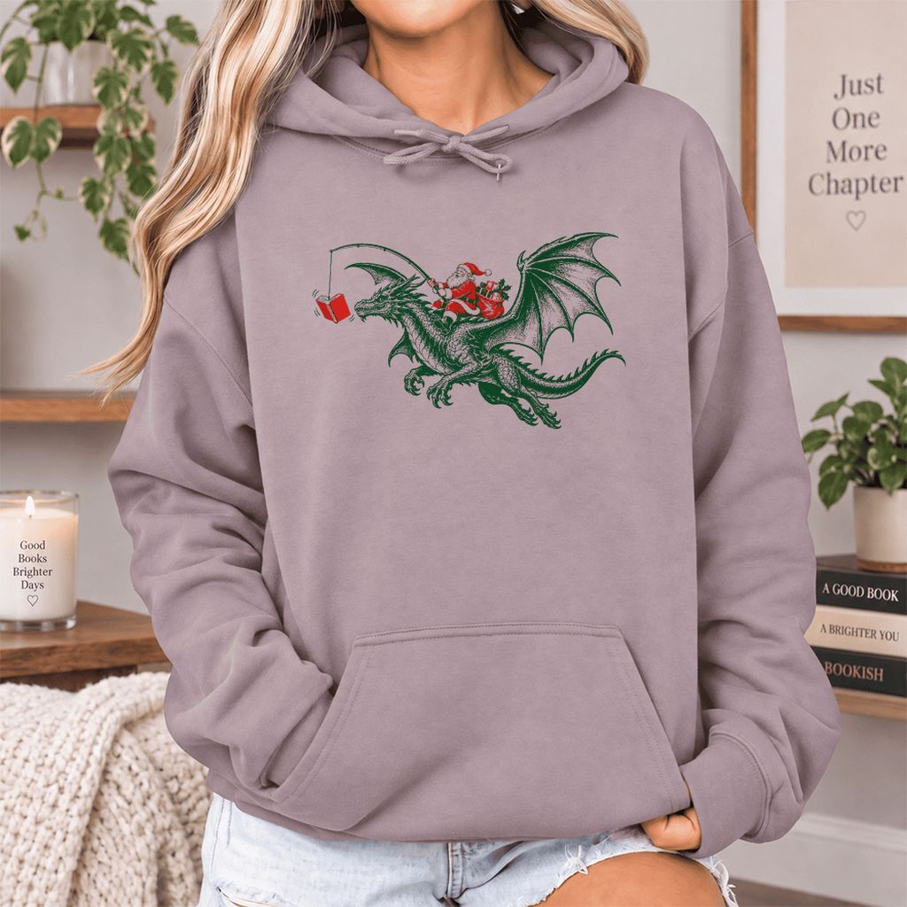 Santa Riding Green Dragon Softstyle Hoodie | Christmas Fantasy Reader Gift Paragon