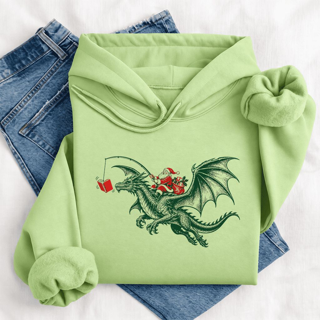Santa Riding Green Dragon Softstyle Hoodie | Christmas Fantasy Reader Gift Pistachio