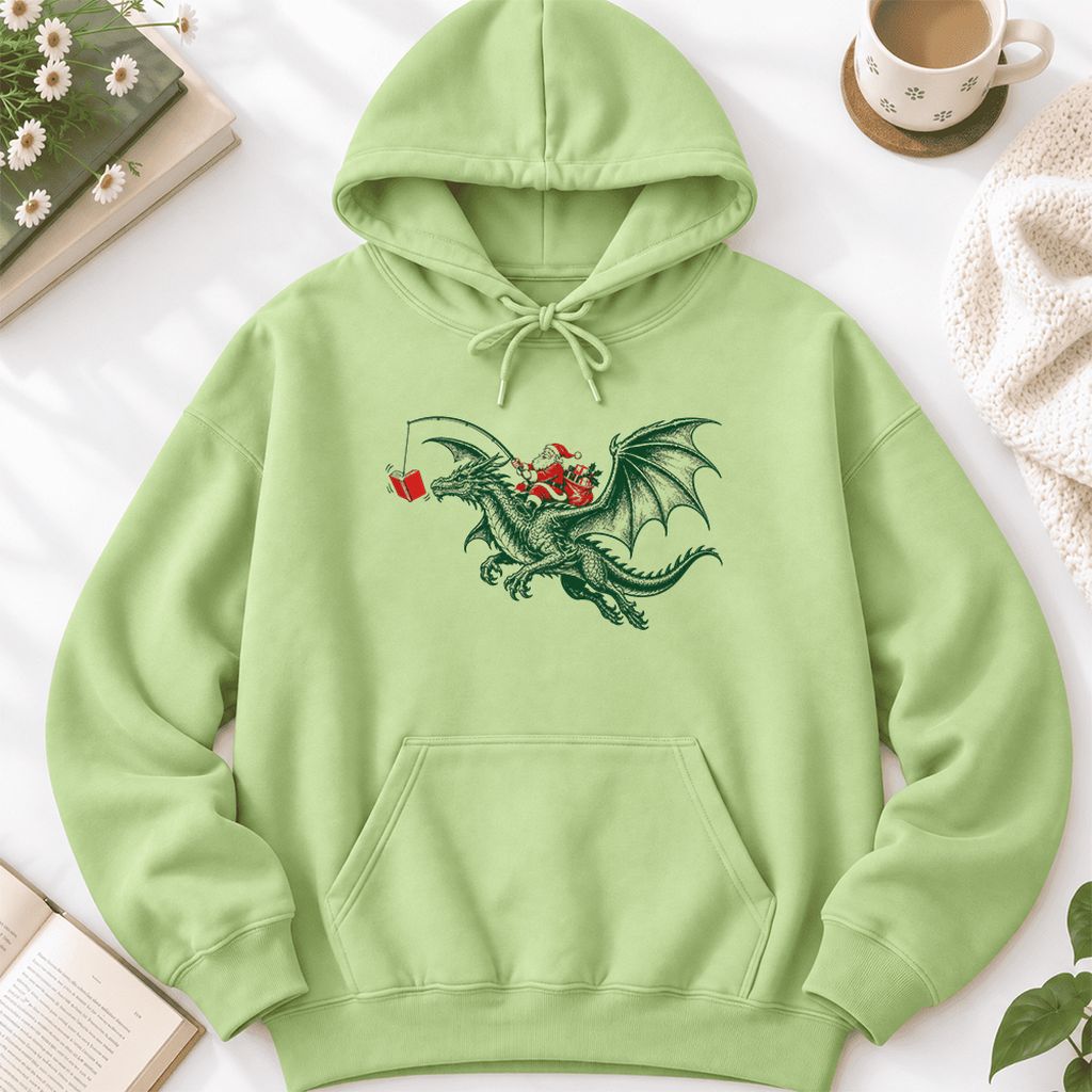Santa Riding Green Dragon Softstyle Hoodie | Christmas Fantasy Reader Gift Pistachio