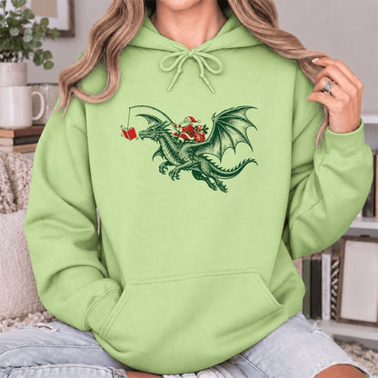 Santa Riding Green Dragon Softstyle Hoodie | Christmas Fantasy Reader Gift Pistachio