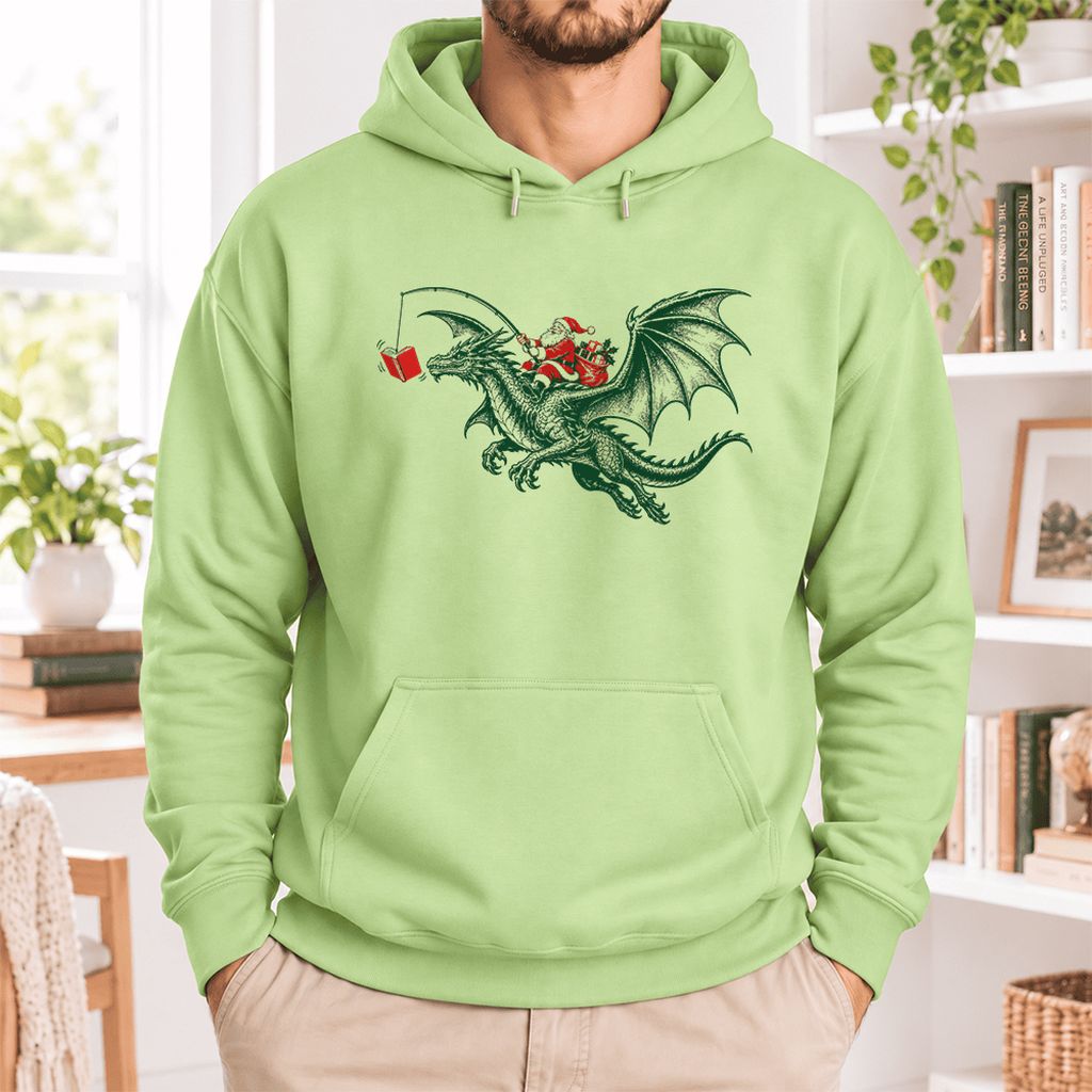 Santa Riding Green Dragon Softstyle Hoodie | Christmas Fantasy Reader Gift Pistachio