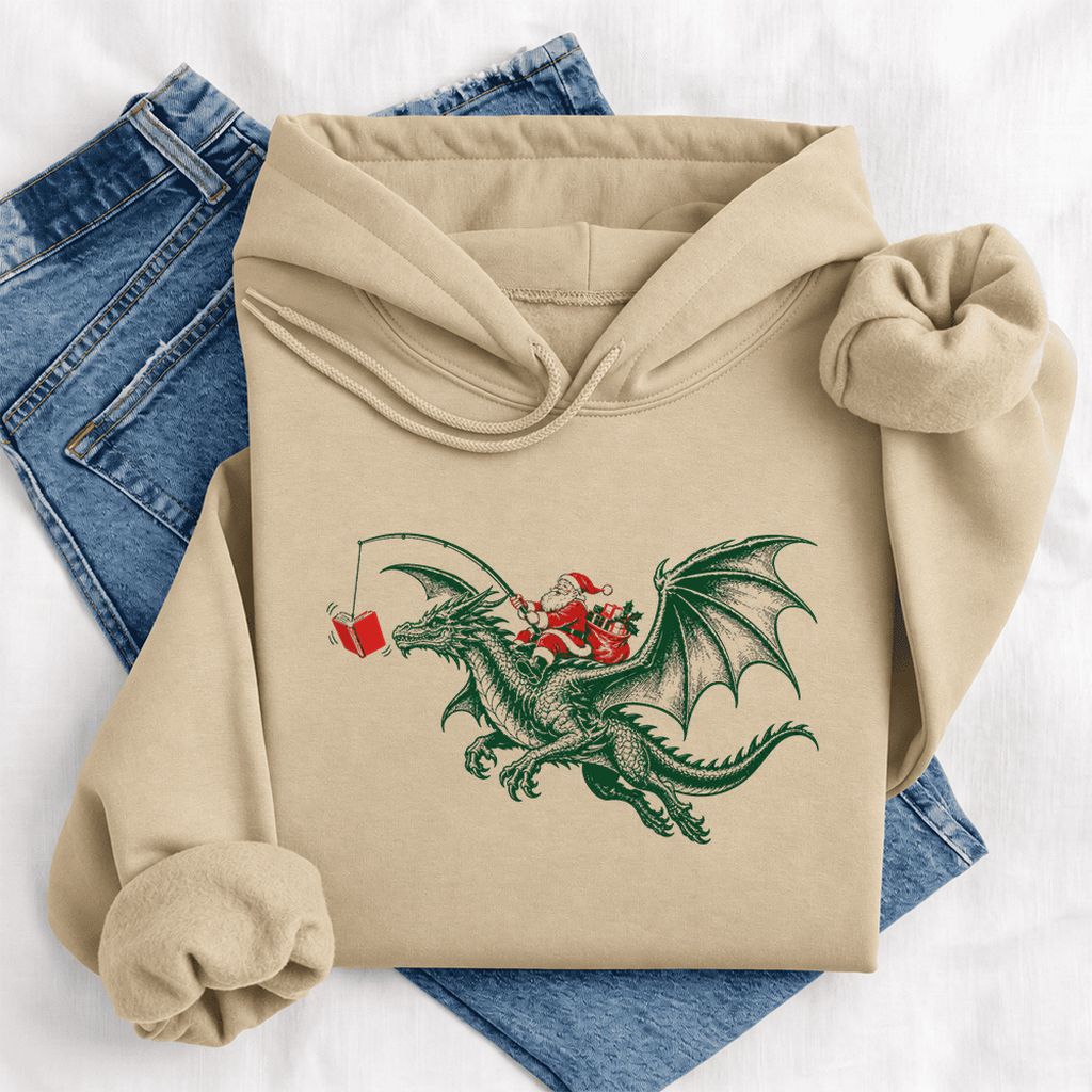 Santa Riding Green Dragon Softstyle Hoodie | Christmas Fantasy Reader Gift Sand
